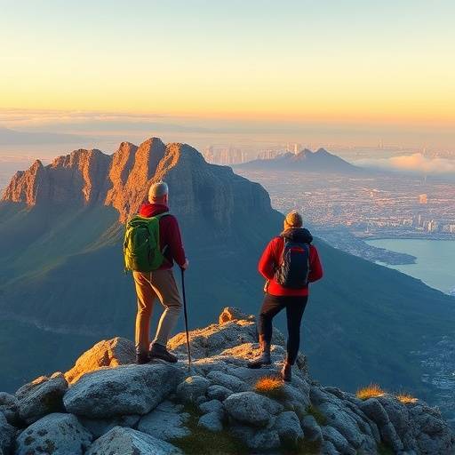 A group of people hiking up Lion's Head in Cape Town, South Africa, with the city skyline in the background