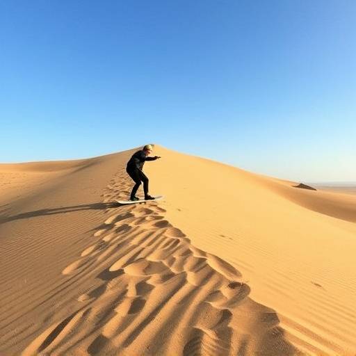 A group of people sandboarding down a large dune near Durban