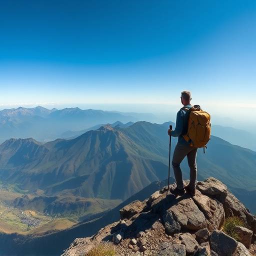 A hiker standing on a summit in the Drakensberg mountains, gazing out at the panoramic view.
