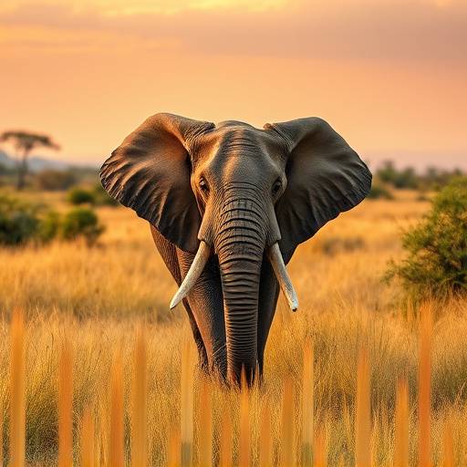 A majestic African elephant walking through the golden grasslands of Kruger National Park.
