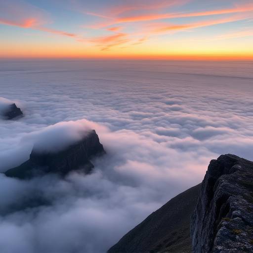 A panoramic view of Table Mountain shrouded in mist at sunrise.
