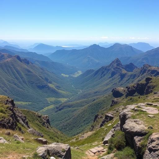 A panoramic view of the Drakensberg Mountains in KwaZulu-Natal, South Africa, emphasizing the vast and beautiful landscape