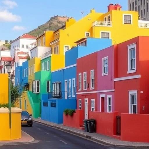 A vibrant street scene in Bo-Kaap, Cape Town, with colorful houses