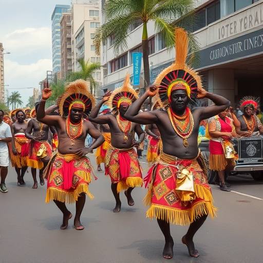 A vibrant street scene in Durban, showcasing Zulu dancers in traditional attire during a cultural festival.