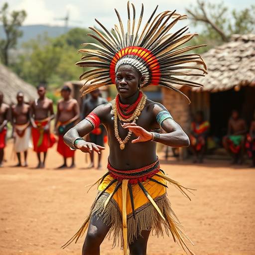 A Zulu dancer performing a traditional dance in a cultural village in KwaZulu-Natal