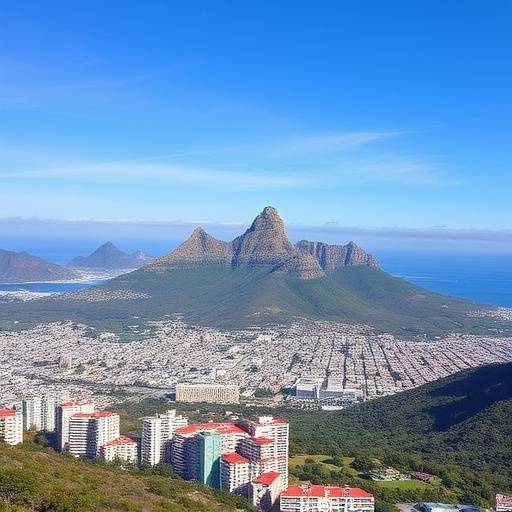 Aerial view of Cape Town's city center with Table Mountain in the background.