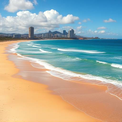 Golden sands and turquoise waters of Durban's beachfront with the city skyline in the distance.
