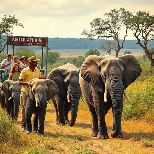 Two tourists taking a photo of elephants in Kruger National Park, showcasing the beauty of South Africa